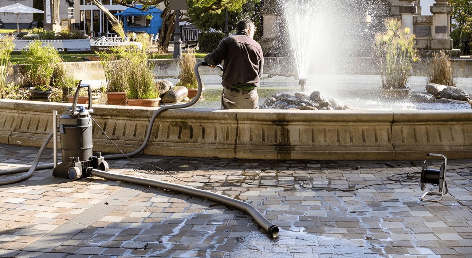 Person cleaning a fountain with hose.