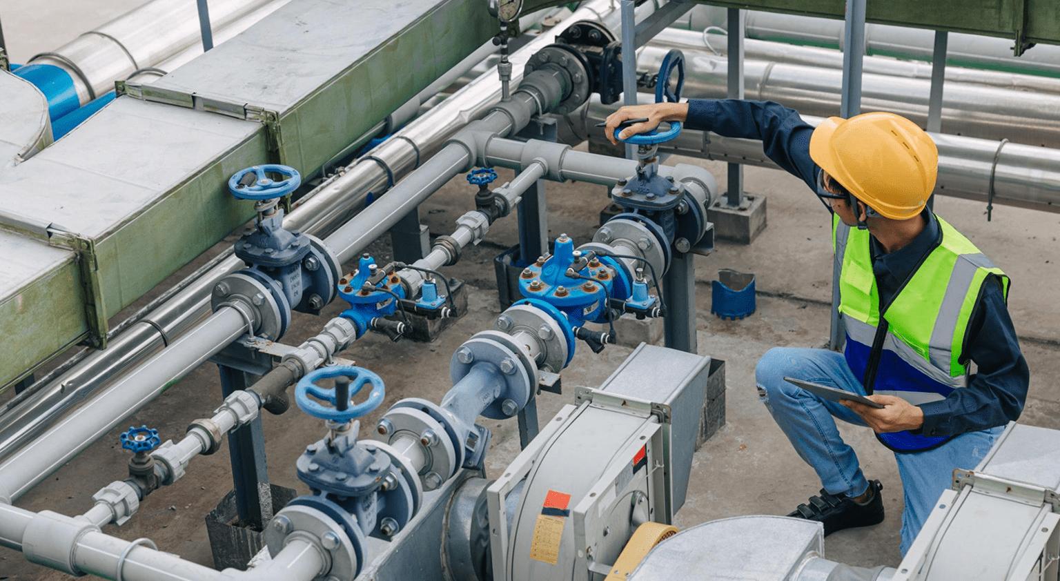 Worker inspecting industrial pipes and valves.